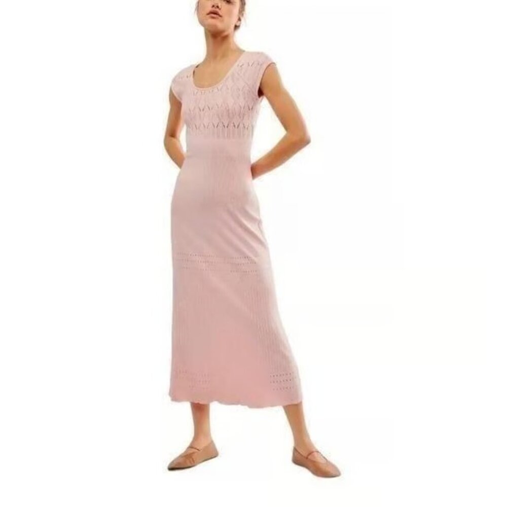 NWT Free People Chloe Open Knit Maxi Dress Pink Rose Boho Resortwear Women’s S